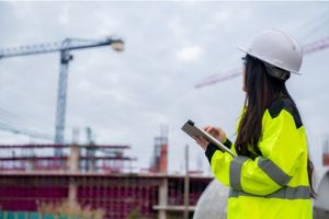 lifting supervisor holding clipboard and looking up at cranes