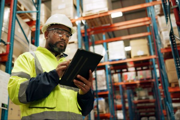 Warehouse employee using a tablet while wearing a hard hat, safety glasses and high-visibility jacket in a busy warehouse
