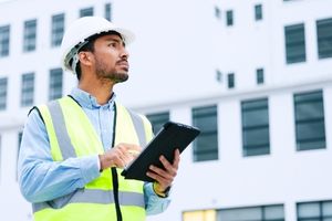 construction worker operating pedestrian crane remotely and holding clipboard