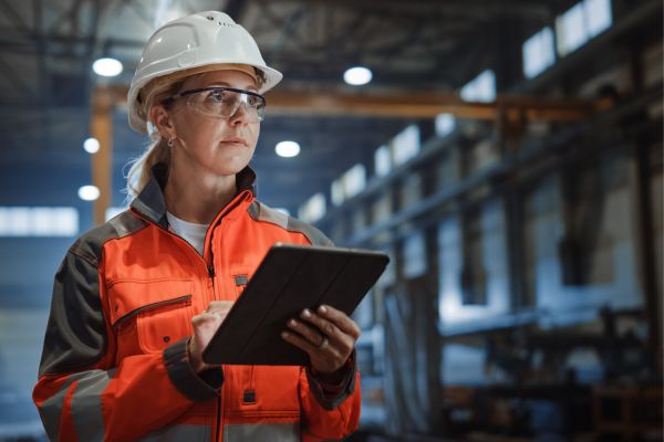 An EUSR qualified worker in full protective gear reviewing digital records on a tablet in a dimly lit building
