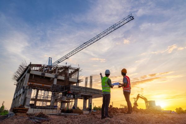 Low angle view of site managers inspecting a concrete building under construction with a large crane against a bright evening sky