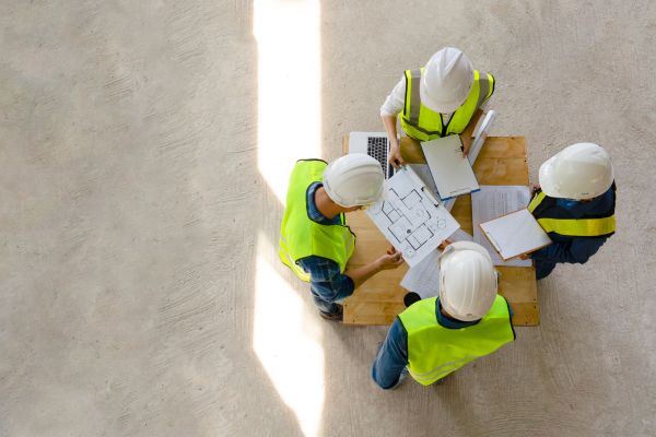 Aerial view of a construction team in high-visibility vests reviewing building blueprints clipboards and a laptop together on site
