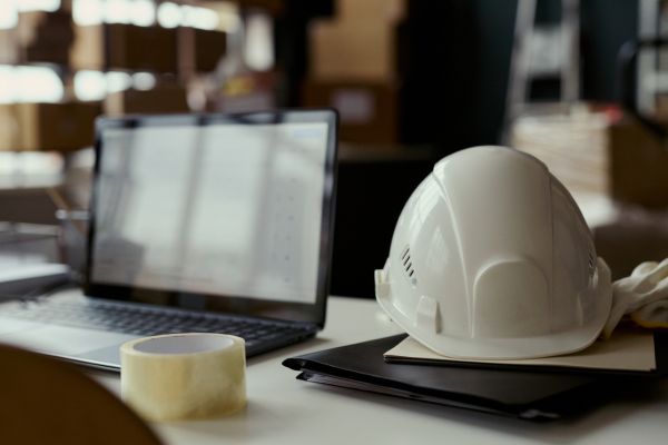 White hard hat sitting on top of notebooks next to an open laptop and roll of tape on an office desk