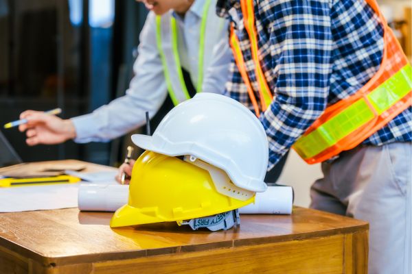 Construction safety helmets stacked on a table in an office where planners work on building schematics